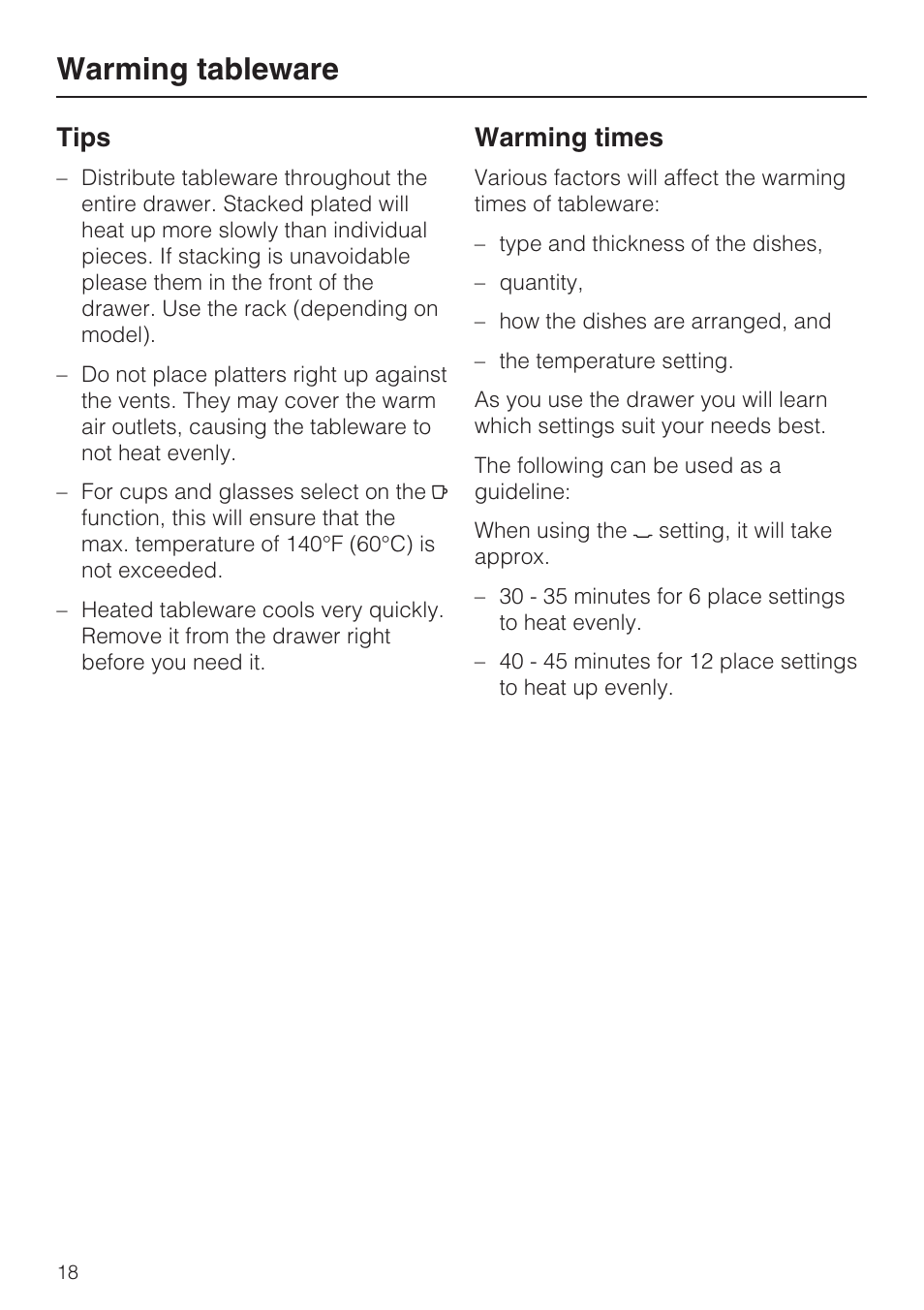 Warming tableware 18, Warming tableware, Tips | Warming times | Miele ESW 408X-14 User Manual | Page 18 / 44