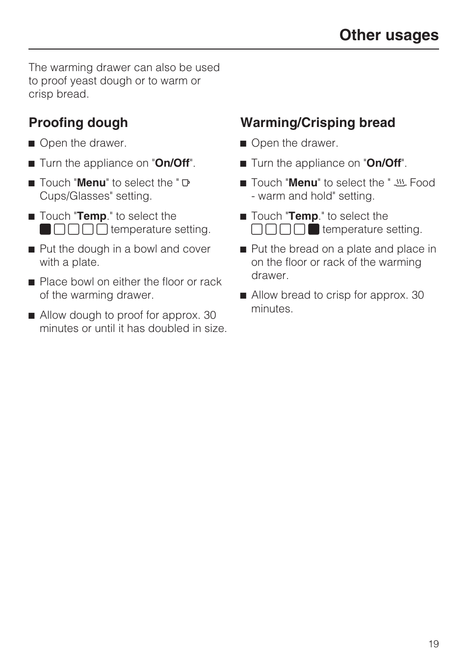 Other usages 19, Other usages, Proofing dough | Warming/crisping bread | Miele ESW 408X-14 User Manual | Page 19 / 44