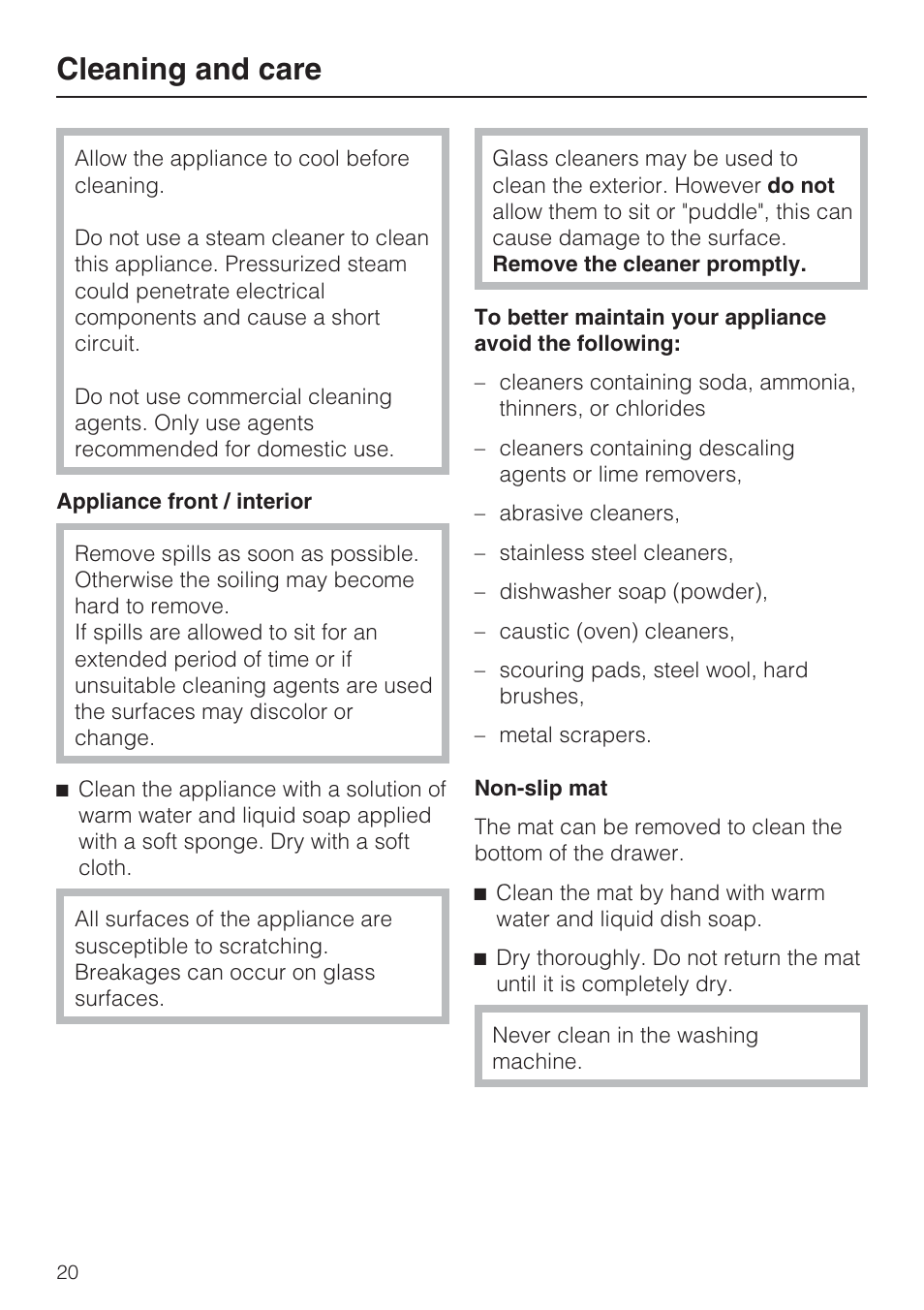 Cleaning and care 20, Cleaning and care | Miele ESW 408X-14 User Manual | Page 20 / 44