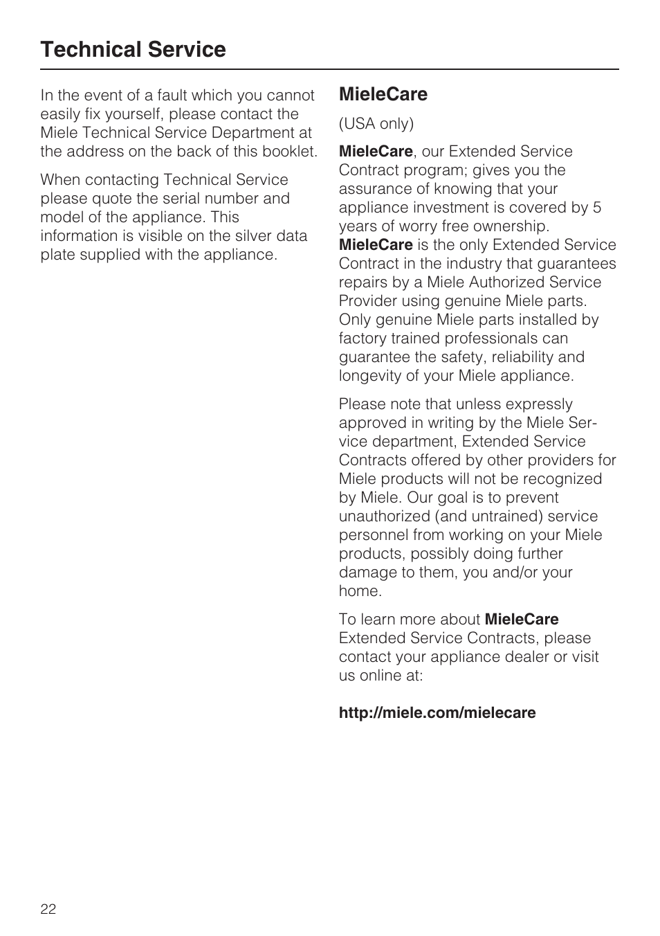 Technical service 22, Technical service, Mielecare | Miele ESW 408X-14 User Manual | Page 22 / 44