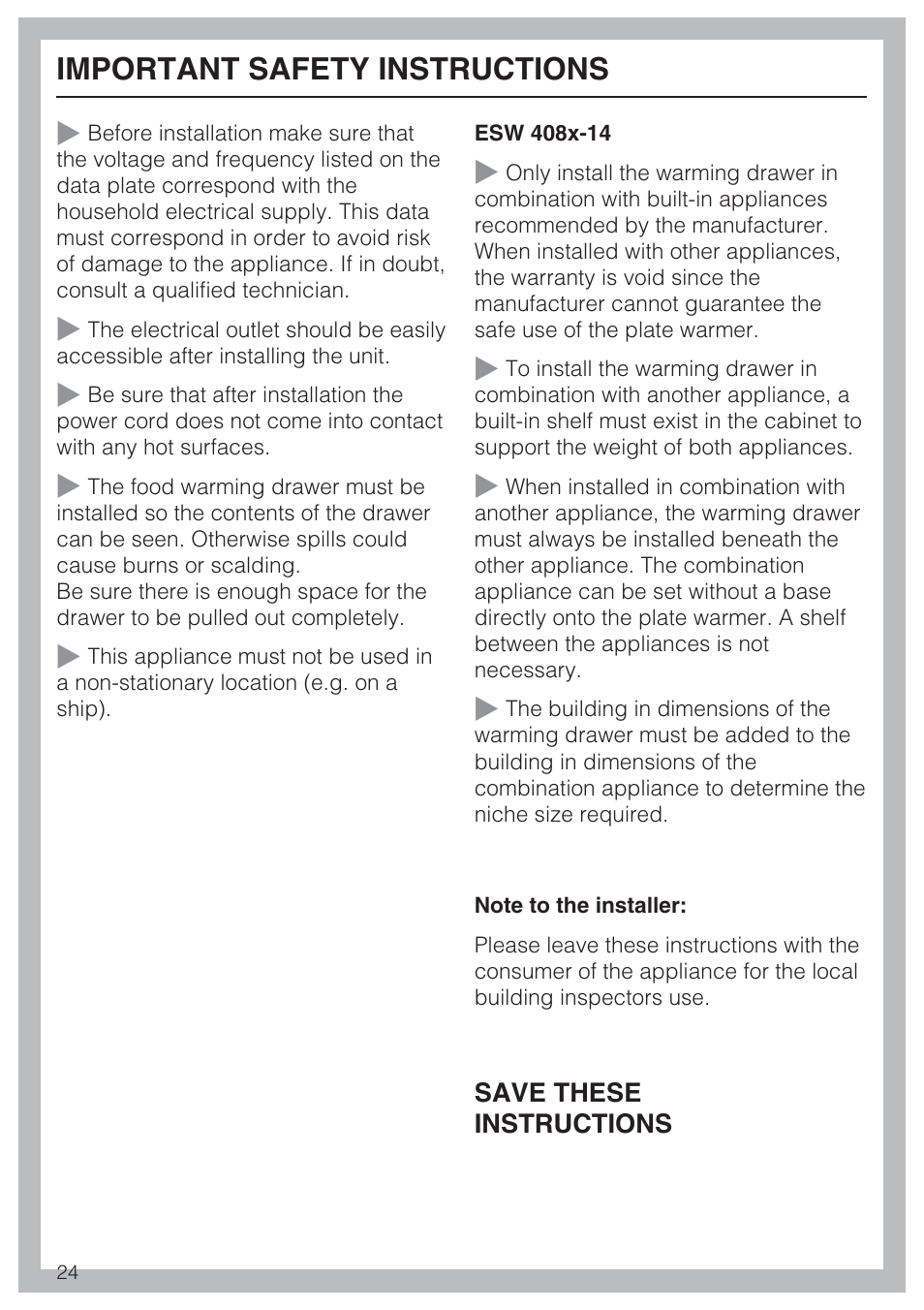 Important safety instructions 24, Important safety instructions | Miele ESW 408X-14 User Manual | Page 24 / 44