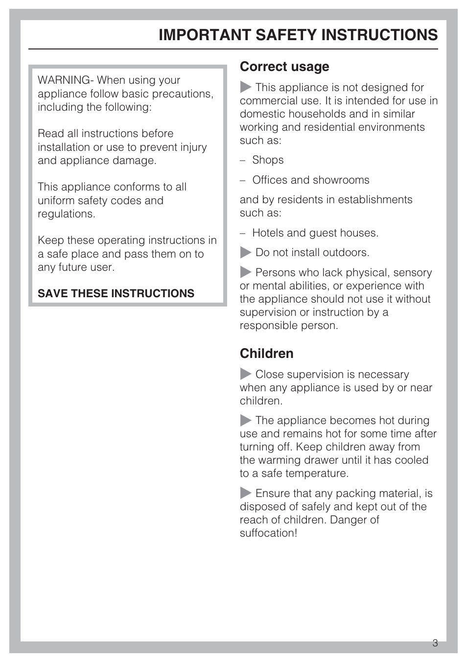 Important safety instructions 3, Important safety instructions | Miele ESW 408X-14 User Manual | Page 3 / 44