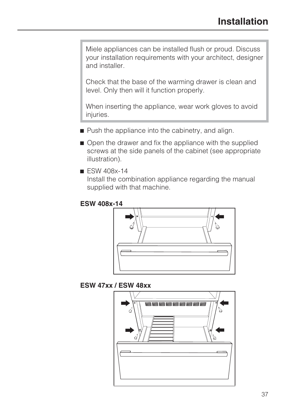 Installation 37, Installation | Miele ESW 408X-14 User Manual | Page 37 / 44