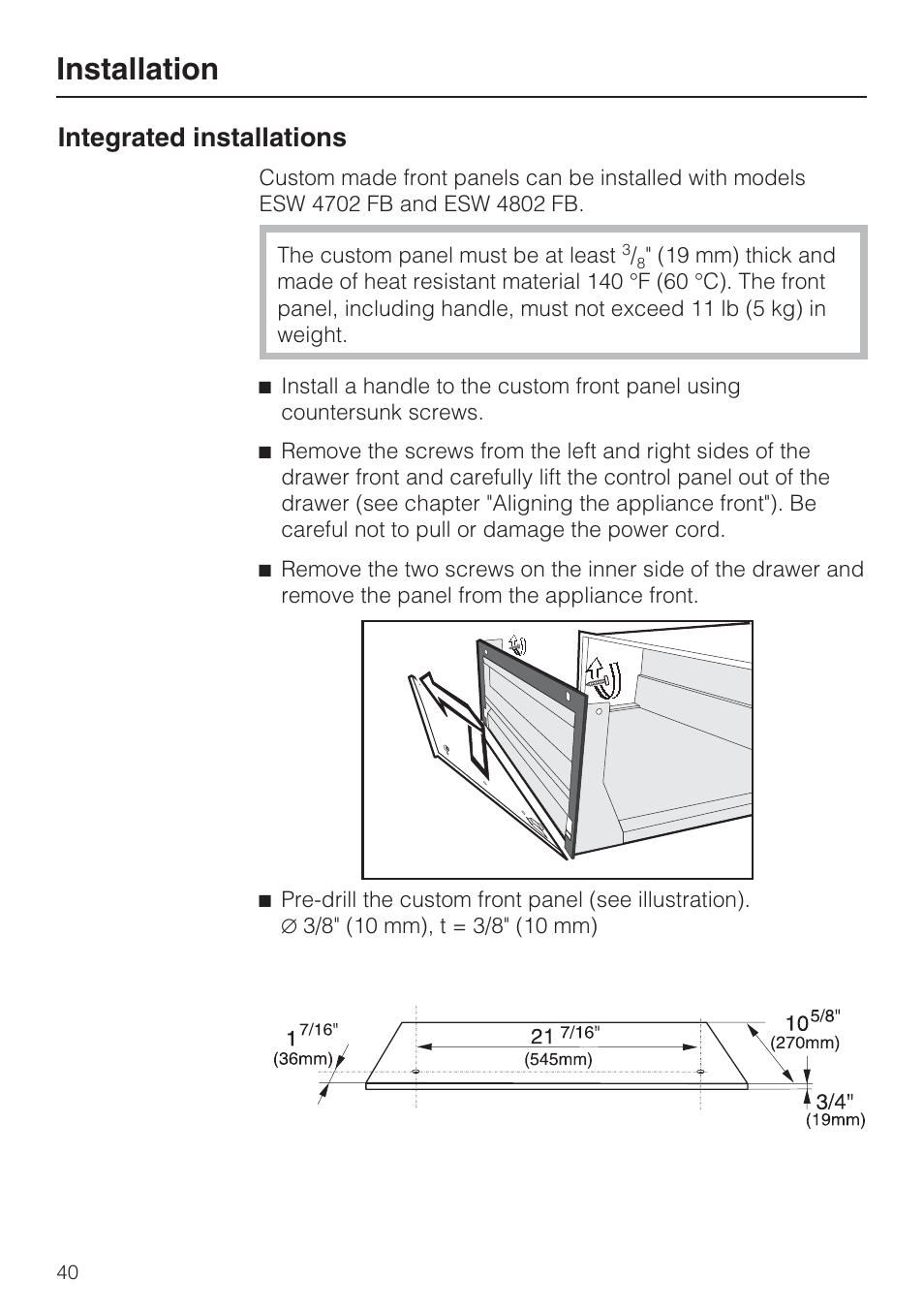 Integrated installations 40, Installation, Integrated installations | Miele ESW 408X-14 User Manual | Page 40 / 44