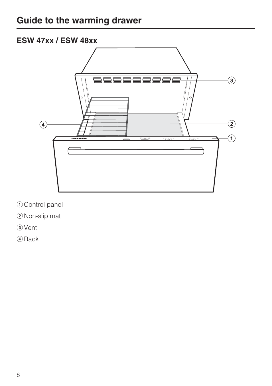 Esw 47xx / esw 48xx 8, Guide to the warming drawer | Miele ESW 408X-14 User Manual | Page 8 / 44