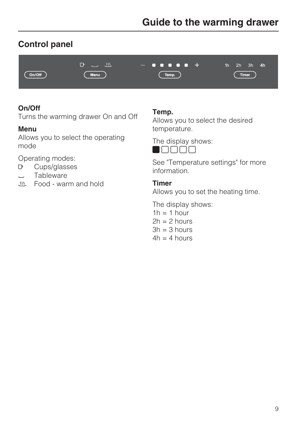 Control panel 9, Guide to the warming drawer, Control panel | Miele ESW 408X-14 User Manual | Page 9 / 44