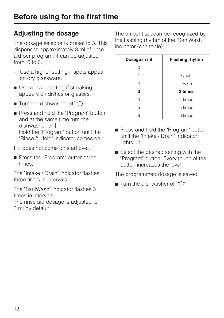 Adjusting the dosage 12, Before using for the first time, Adjusting the dosage | Miele G 1182 User Manual | Page 12 / 56