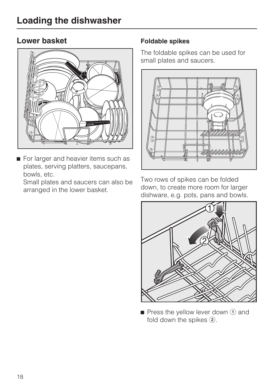Lower basket 18, Loading the dishwasher, Lower basket | Miele G 1182 User Manual | Page 18 / 56