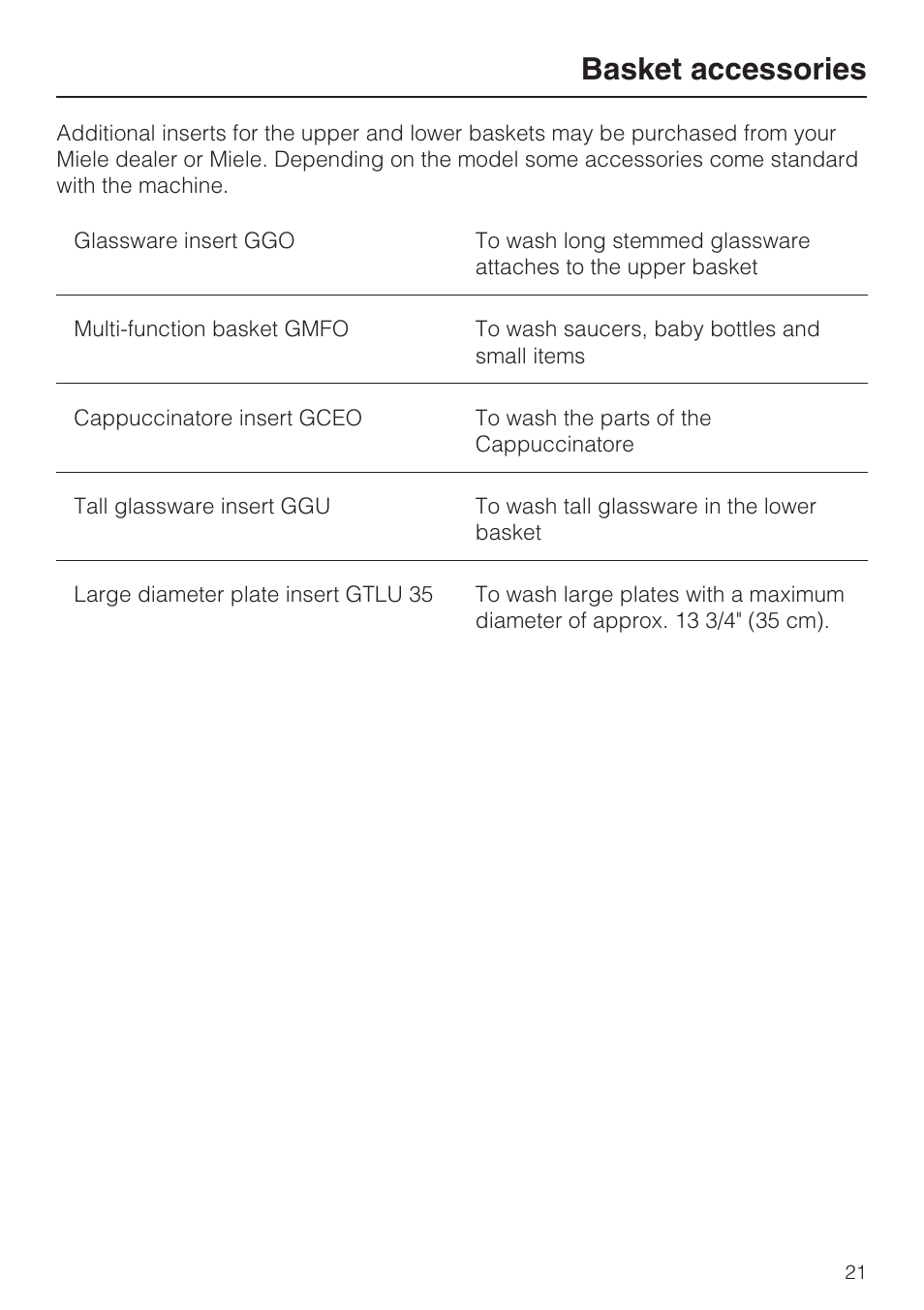 Basket accessories 21, Basket accessories | Miele G 1182 User Manual | Page 21 / 56