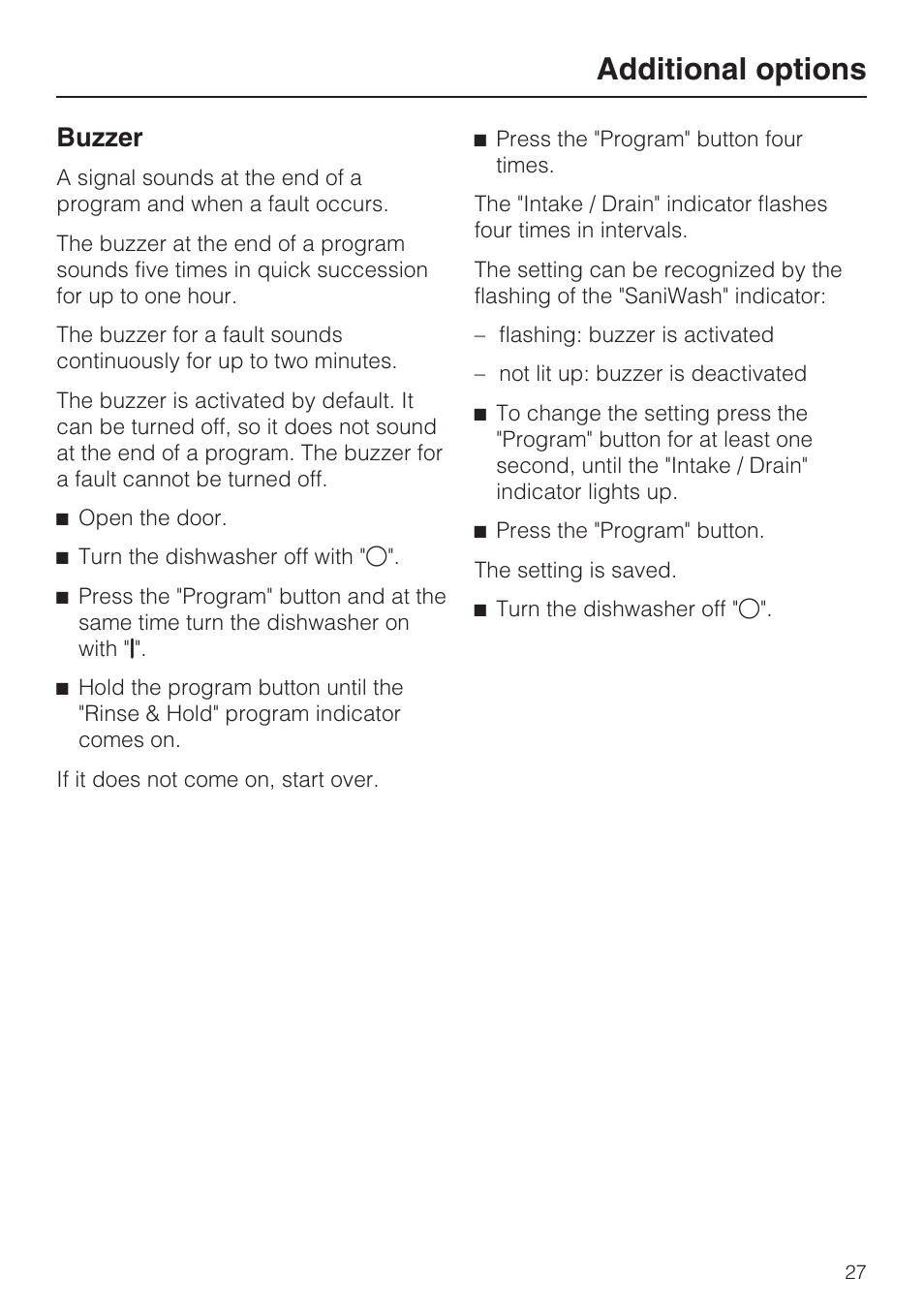 Additional options 27, Buzzer 27, Additional options | Buzzer | Miele G 1182 User Manual | Page 27 / 56