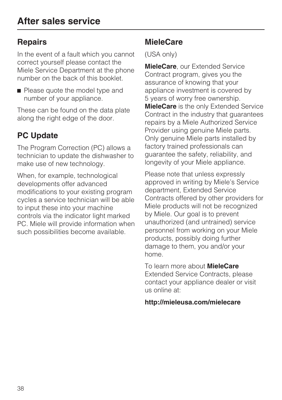 After sales service 38, After sales service, Repairs | Pc update, Mielecare | Miele G 1182 User Manual | Page 38 / 56