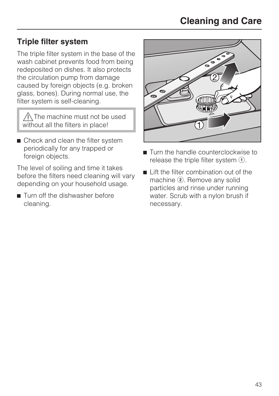 Triple filter system 43, Cleaning and care, Triple filter system | Miele G 1182 User Manual | Page 43 / 56