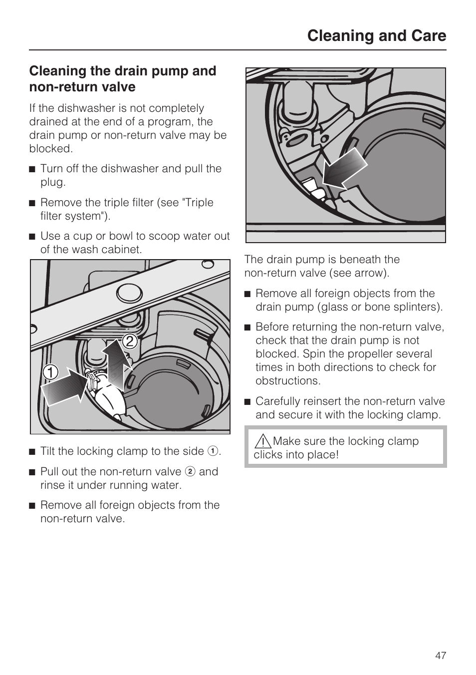 Cleaning the drain pump and non-return valve 47, Cleaning and care, Cleaning the drain pump and non-return valve | Miele G 1182 User Manual | Page 47 / 56