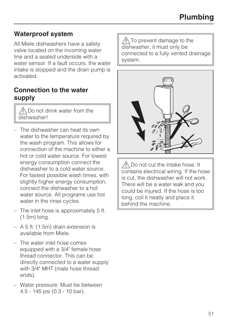 Plumbing 51, Waterproof system 51, Connection to the water supply 51 | Plumbing | Miele G 1182 User Manual | Page 51 / 56