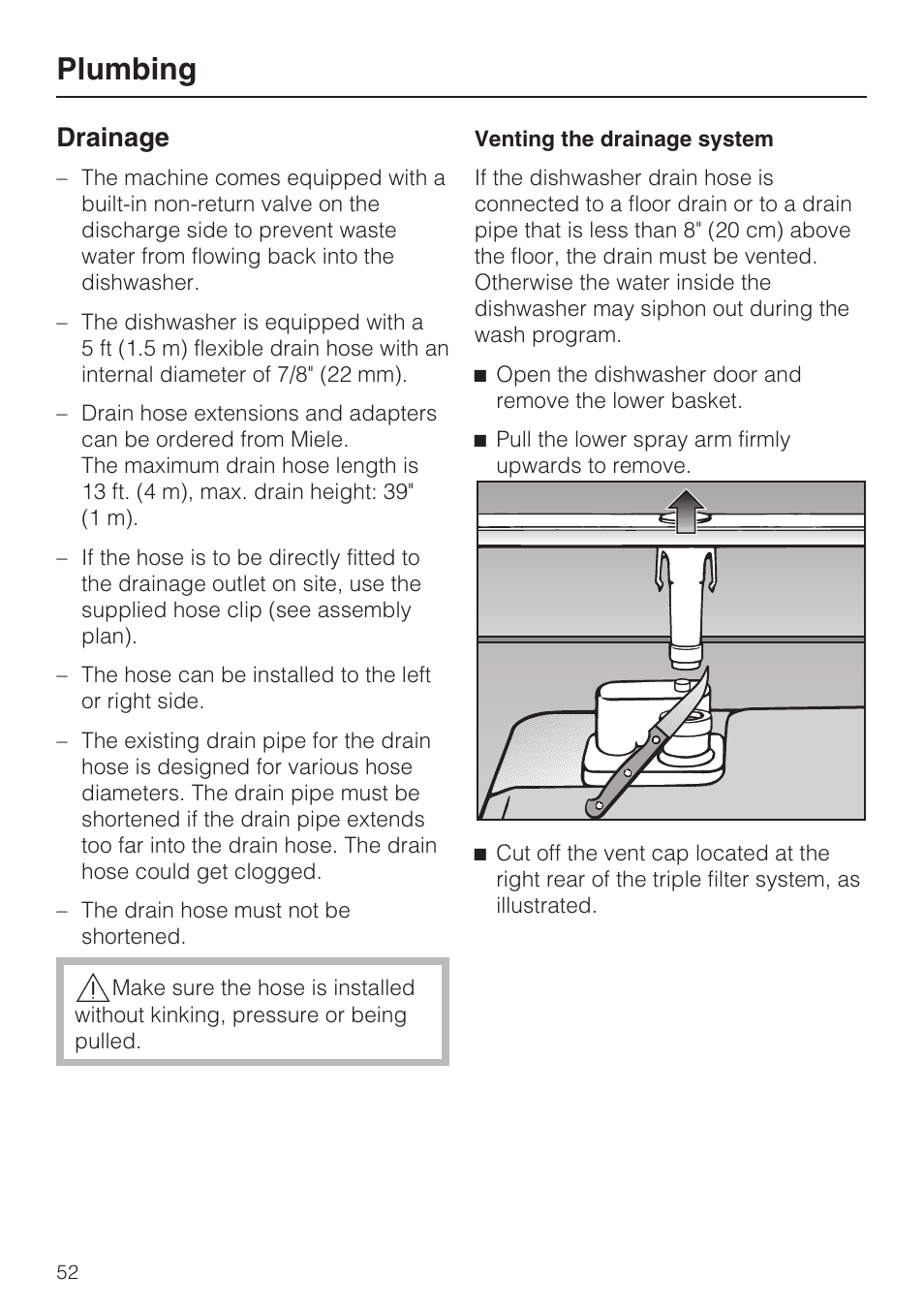 Drainage 52, Plumbing, Drainage | Miele G 1182 User Manual | Page 52 / 56