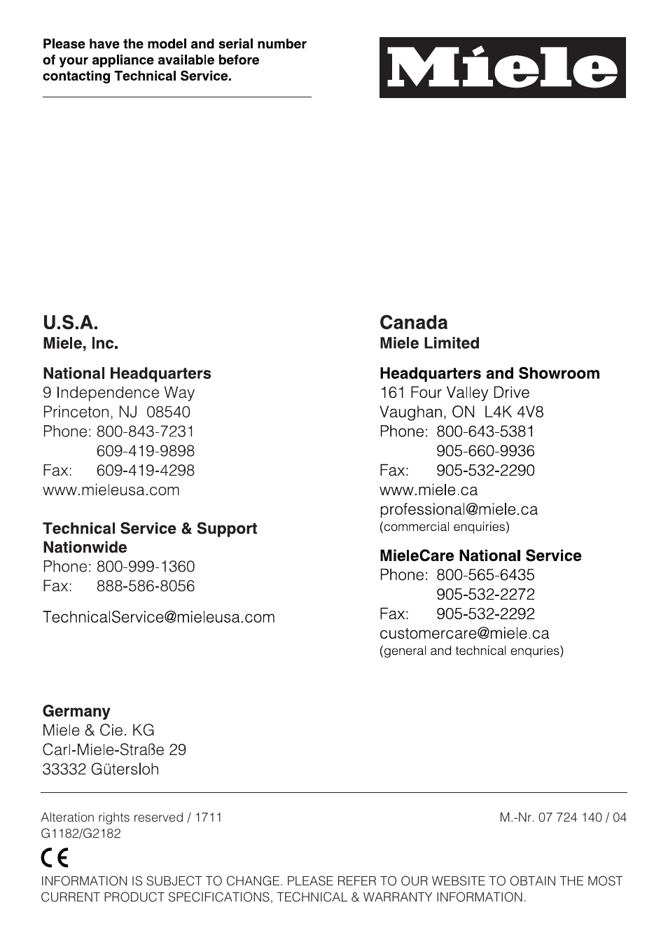 Miele G 1182 User Manual | Page 56 / 56