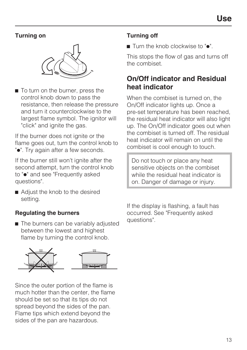 On/off indicator and residual heat indicator 13, On/off indicator and residual heat indicator | Miele GAS COMBISET CS 1012 User Manual | Page 13 / 44