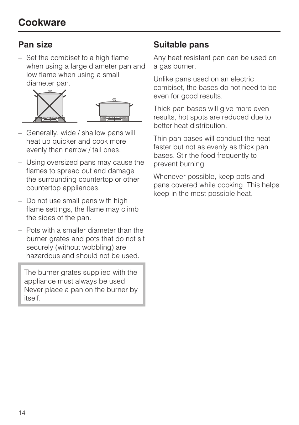 Cookware 14, Pan size 14, Suitable pans 14 | Cookware, Pan size, Suitable pans | Miele GAS COMBISET CS 1012 User Manual | Page 14 / 44