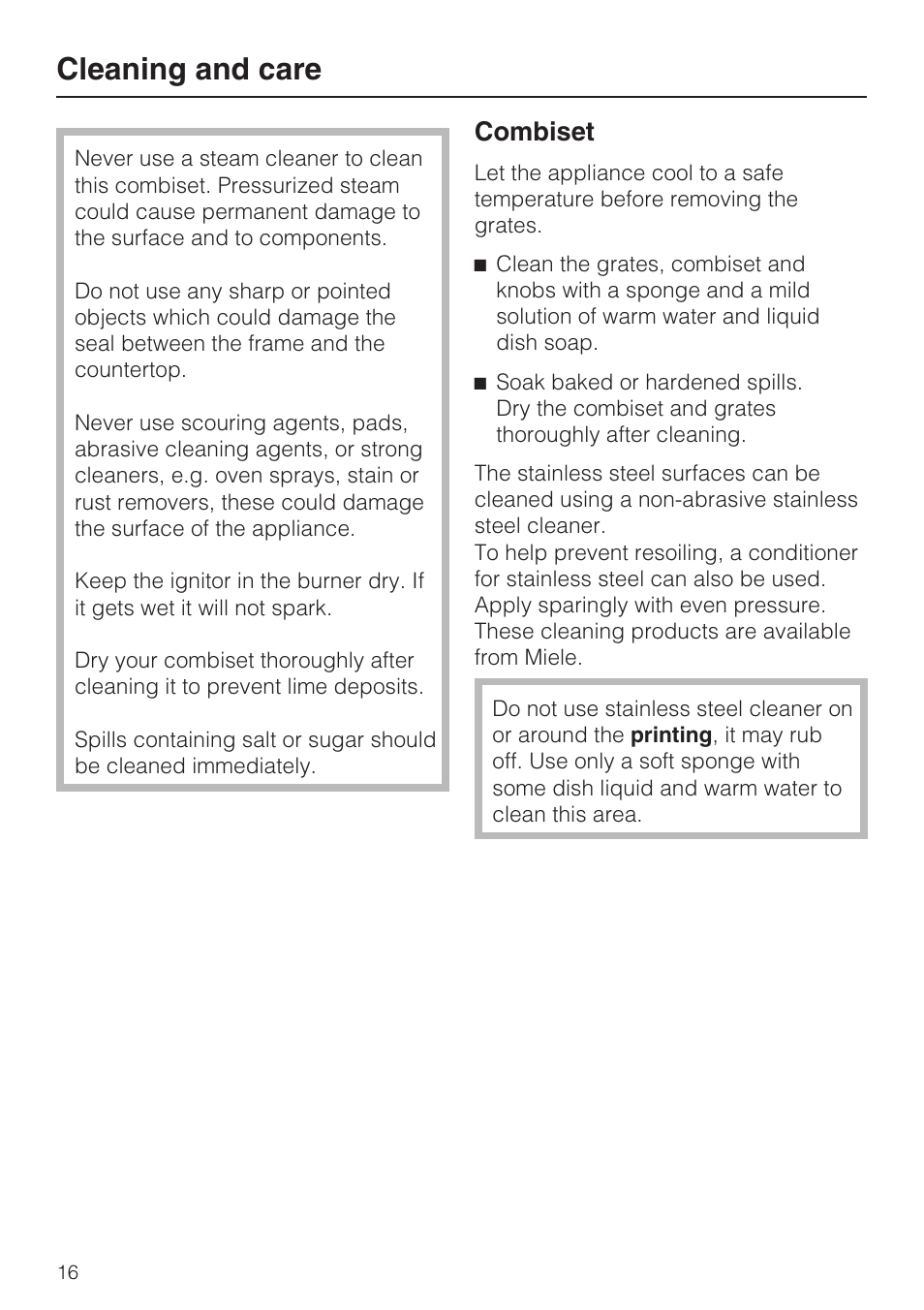Cleaning and care 16, Cleaning and care, Combiset | Miele GAS COMBISET CS 1012 User Manual | Page 16 / 44