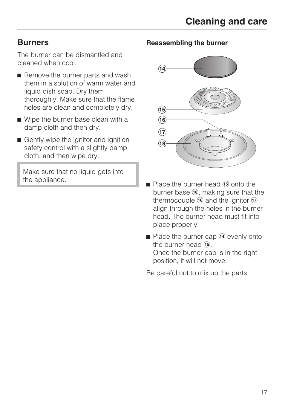 Burners 17, Cleaning and care, Burners | Miele GAS COMBISET CS 1012 User Manual | Page 17 / 44