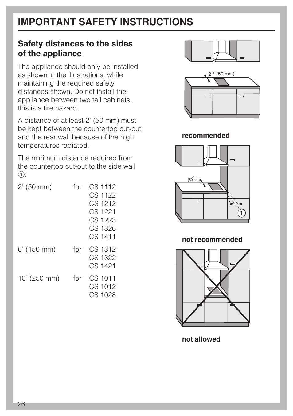 Important safety instructions, Safety distances to the sides of the appliance | Miele GAS COMBISET CS 1012 User Manual | Page 26 / 44