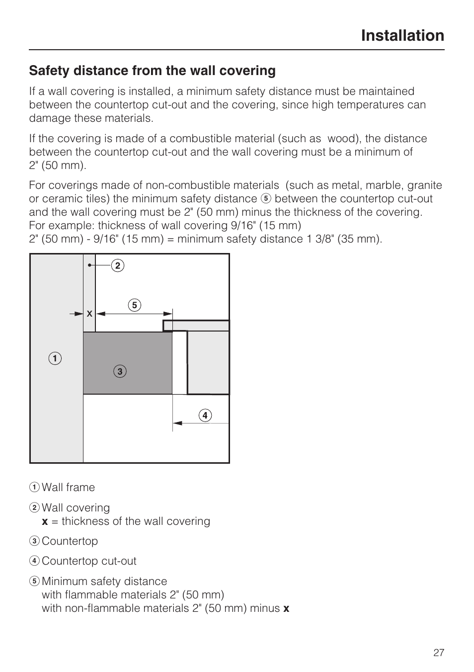 Installation 27, Installation, Safety distance from the wall covering | Miele GAS COMBISET CS 1012 User Manual | Page 27 / 44