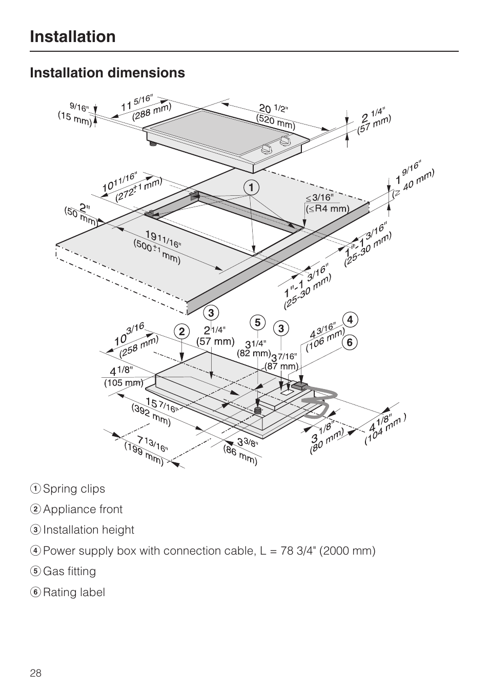 Installation dimensions 28, Installation | Miele GAS COMBISET CS 1012 User Manual | Page 28 / 44