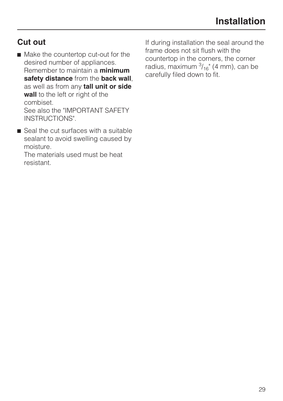 Cut out 29, Installation, Cut out | Miele GAS COMBISET CS 1012 User Manual | Page 29 / 44