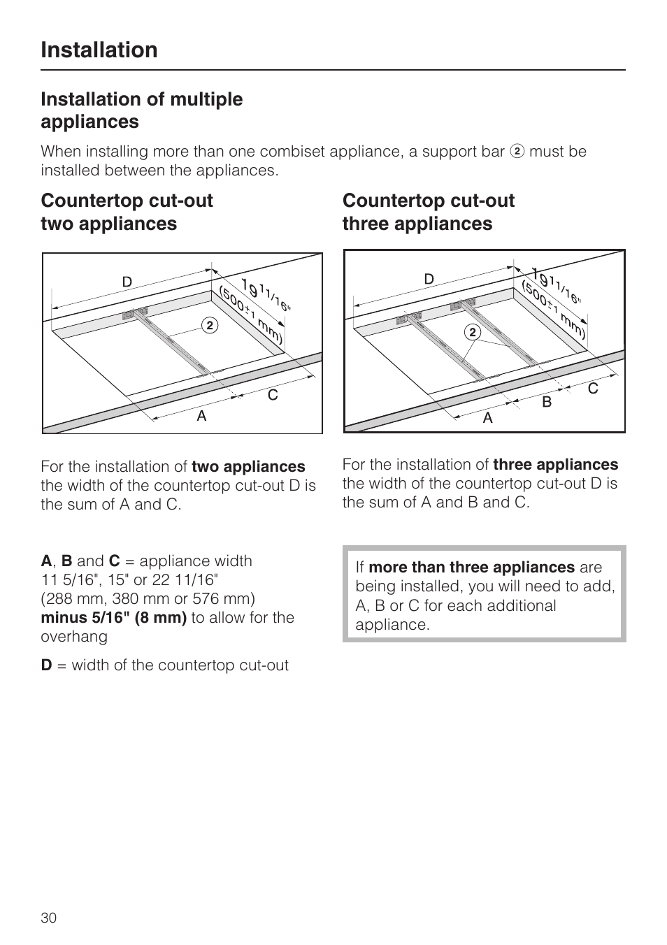 Installation of multiple appliances 30, Installation | Miele GAS COMBISET CS 1012 User Manual | Page 30 / 44