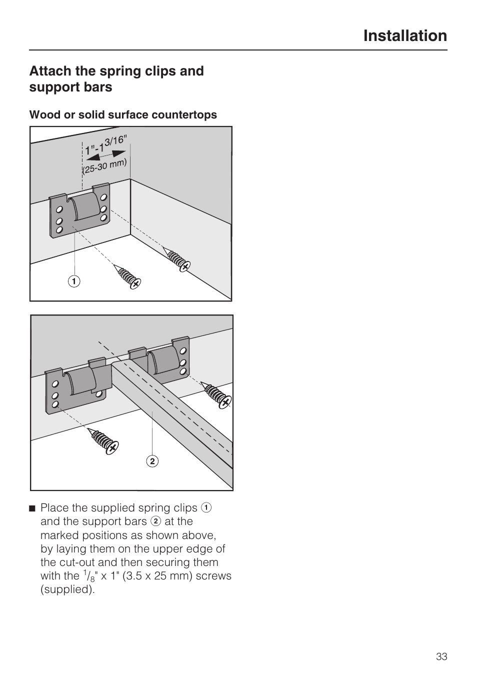 Attach the spring clips and support bars 33, Installation, Attach the spring clips and support bars | Miele GAS COMBISET CS 1012 User Manual | Page 33 / 44