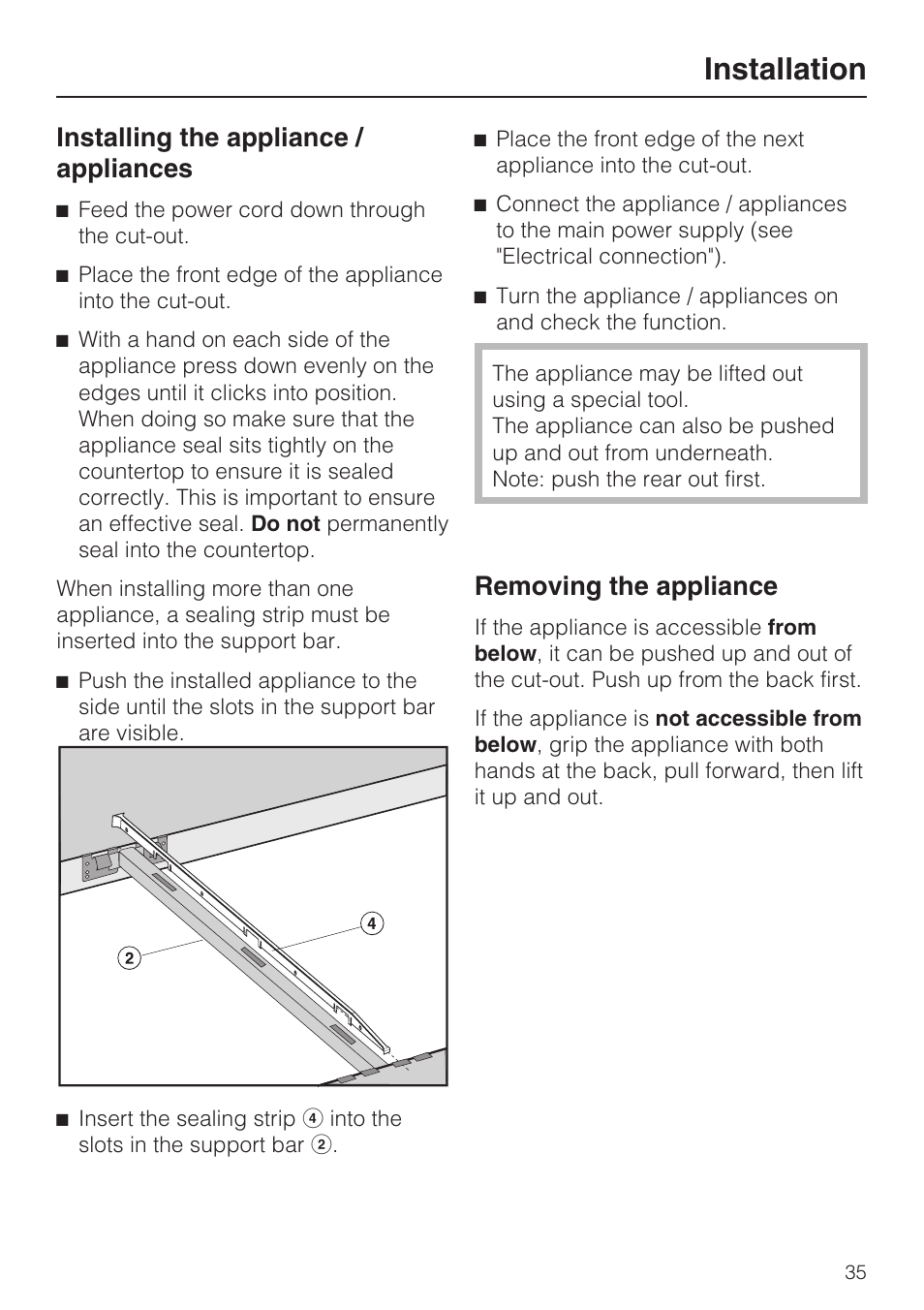 Installing the appliance / appliances 35, Removing the appliance 35, Installation | Installing the appliance / appliances, Removing the appliance | Miele GAS COMBISET CS 1012 User Manual | Page 35 / 44