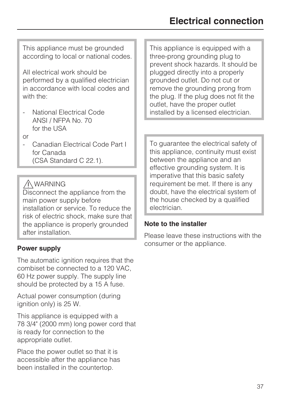 Electrical connection 37, Electrical connection | Miele GAS COMBISET CS 1012 User Manual | Page 37 / 44