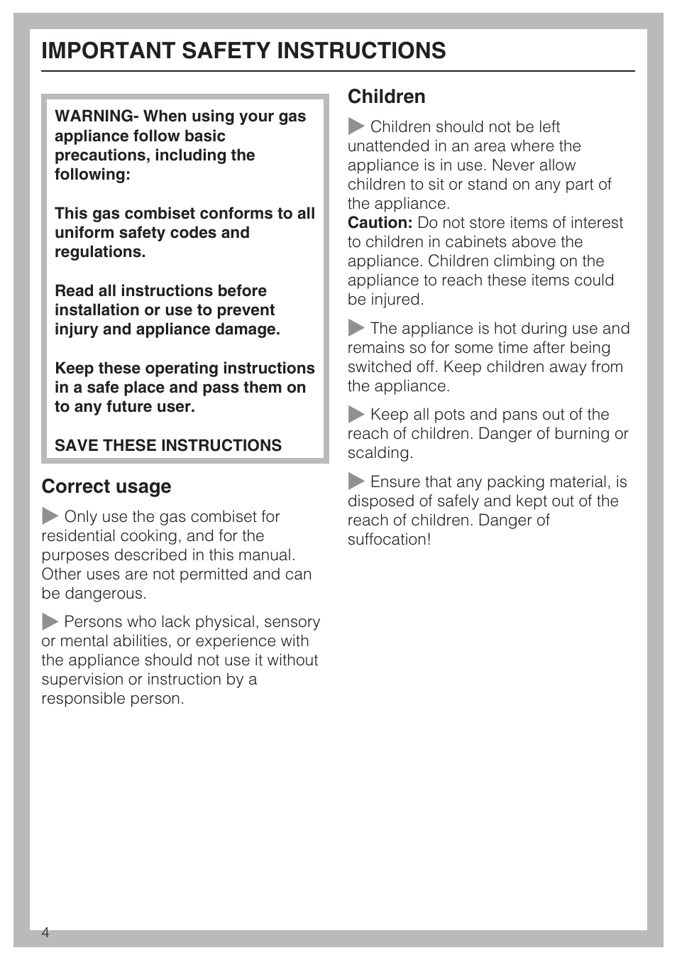 Important safety instructions 4, Important safety instructions | Miele GAS COMBISET CS 1012 User Manual | Page 4 / 44