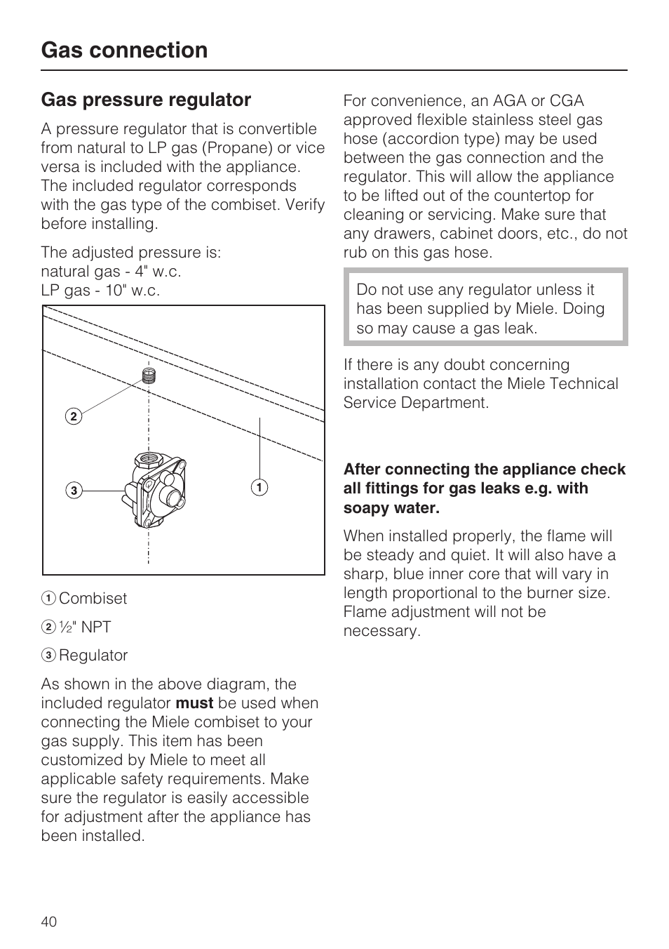 Gas pressure regulator 40, Gas connection, Gas pressure regulator | Miele GAS COMBISET CS 1012 User Manual | Page 40 / 44