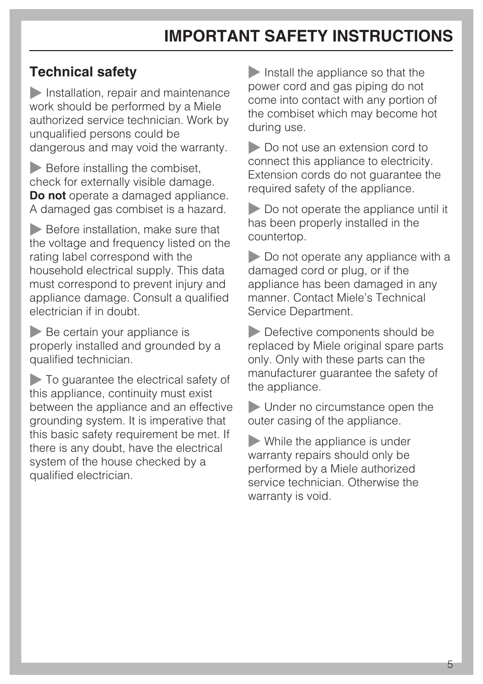 Important safety instructions | Miele GAS COMBISET CS 1012 User Manual | Page 5 / 44