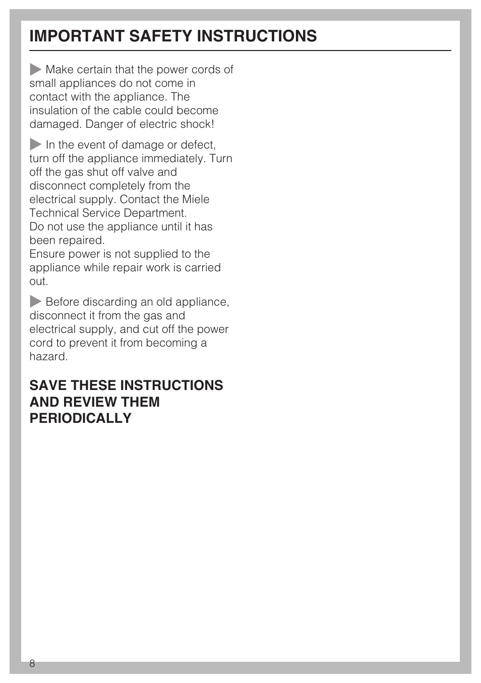 Important safety instructions | Miele GAS COMBISET CS 1012 User Manual | Page 8 / 44
