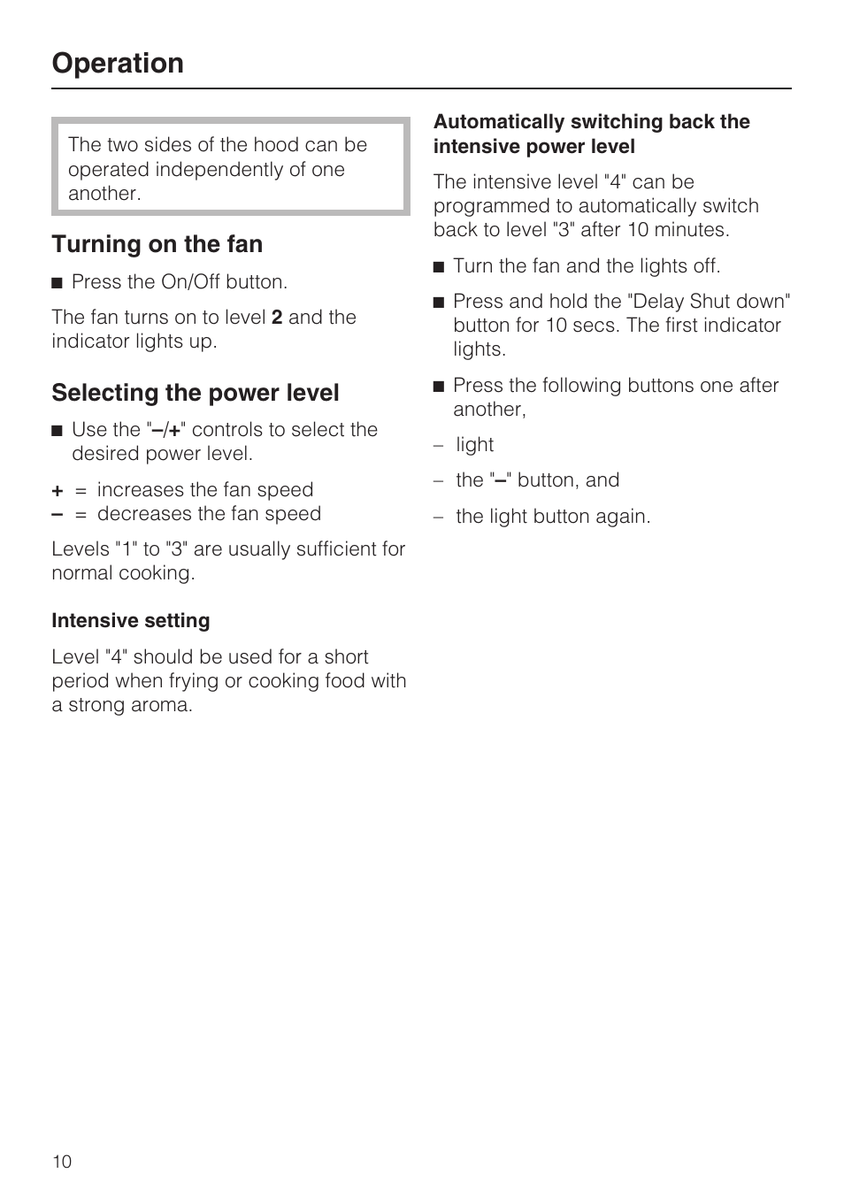 Operation 10, Turning on the fan 10, Selecting the power level 10 | Operation, Turning on the fan, Selecting the power level | Miele DA 6290 W User Manual | Page 10 / 40