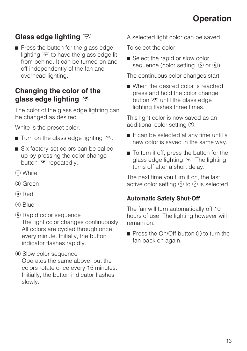 Glass edge lighting ] 13, Changing the color of the glass edge lighting £ 13, Operation | Glass edge lighting, Changing the color of the glass edge lighting | Miele DA 6290 W User Manual | Page 13 / 40