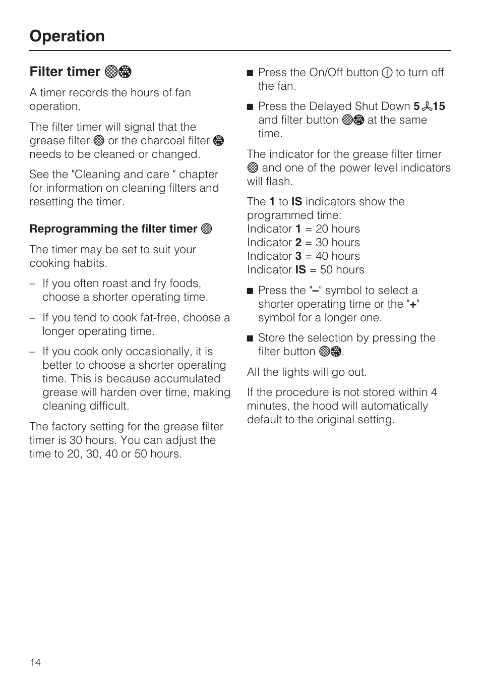 Filter timer l š 14, Operation, Filter timer l | Miele DA 6290 W User Manual | Page 14 / 40