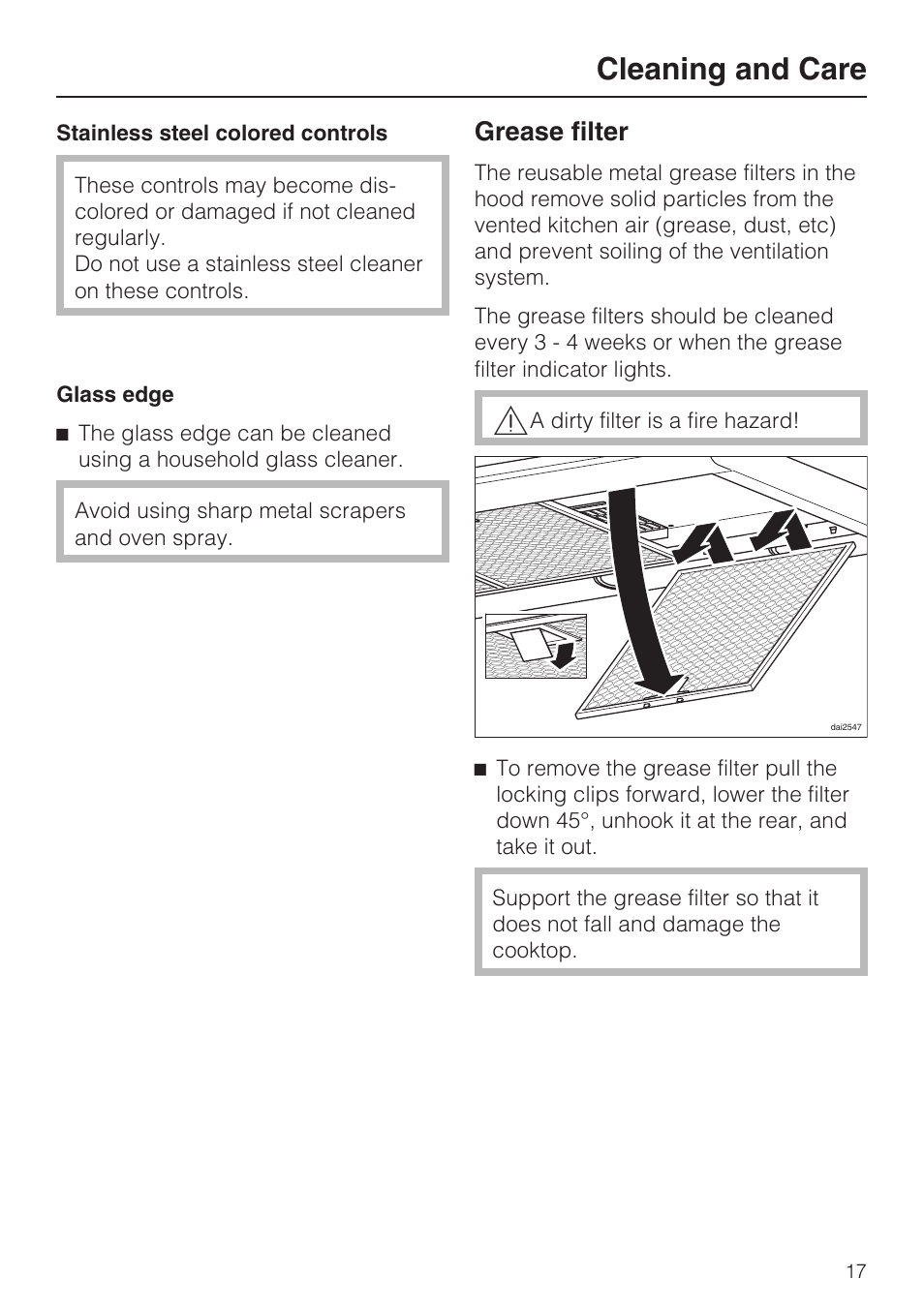 Grease filter 17, Cleaning and care, Grease filter | Miele DA 6290 W User Manual | Page 17 / 40