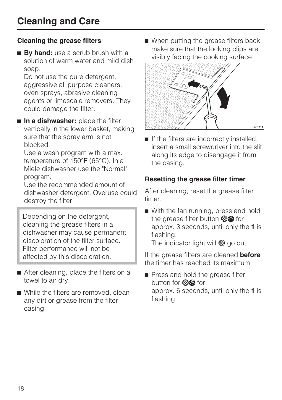 Resetting the grease filter timer 18, Cleaning and care | Miele DA 6290 W User Manual | Page 18 / 40