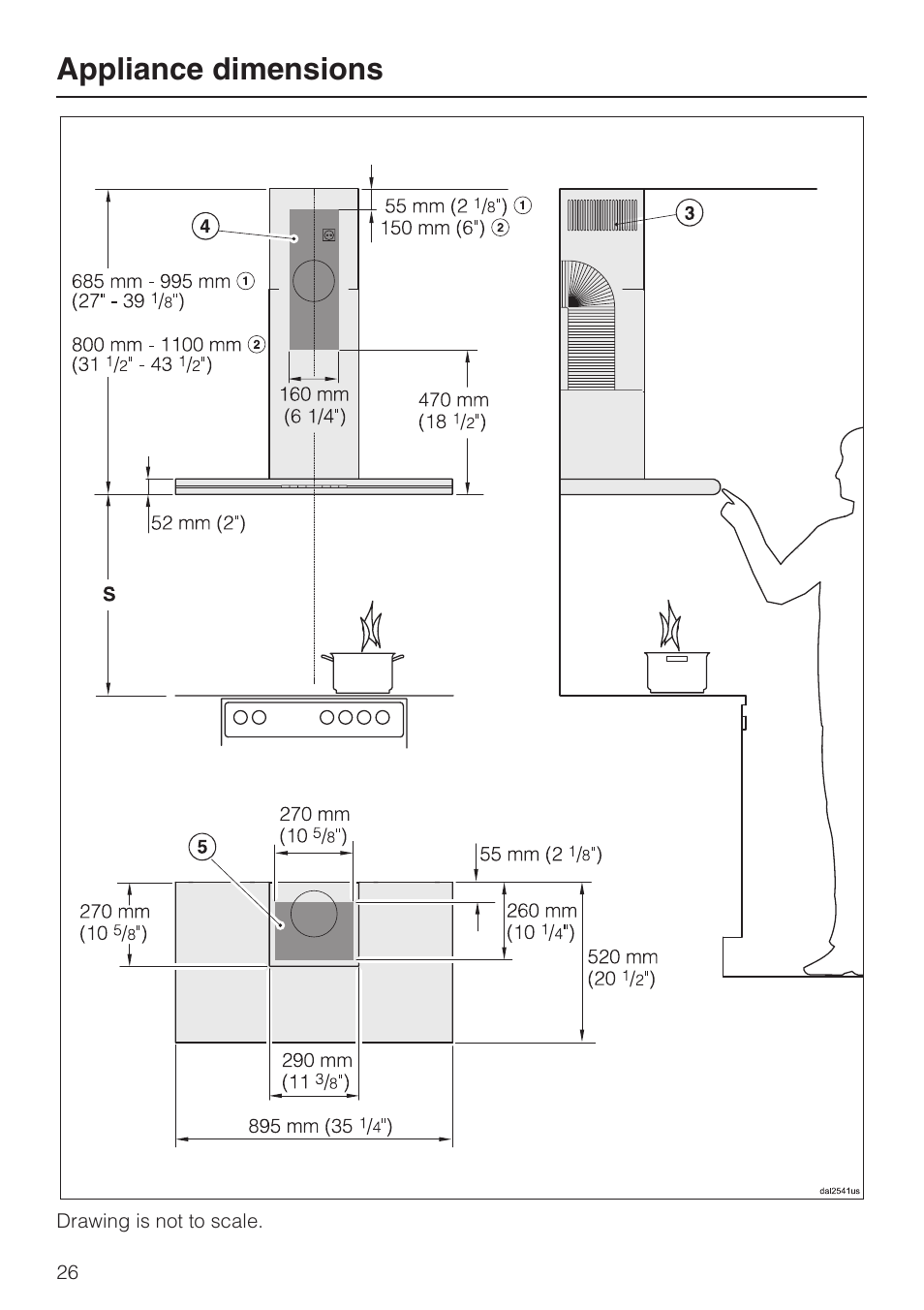 Appliance dimensions 26, Appliance dimensions | Miele DA 6290 W User Manual | Page 26 / 40