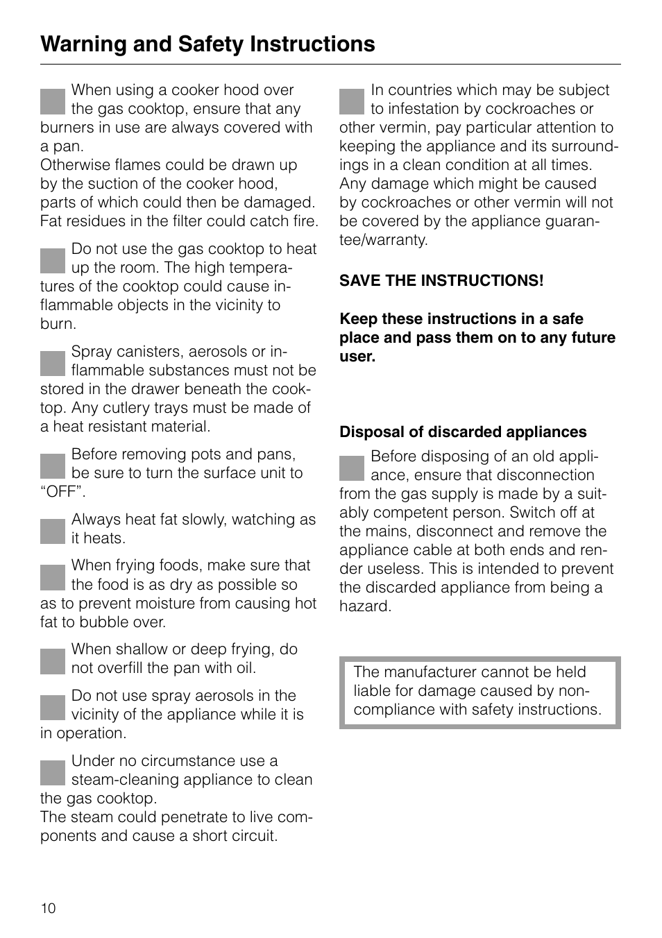 Warning and safety instructions | Miele GAS KM 81-2 User Manual | Page 10 / 44