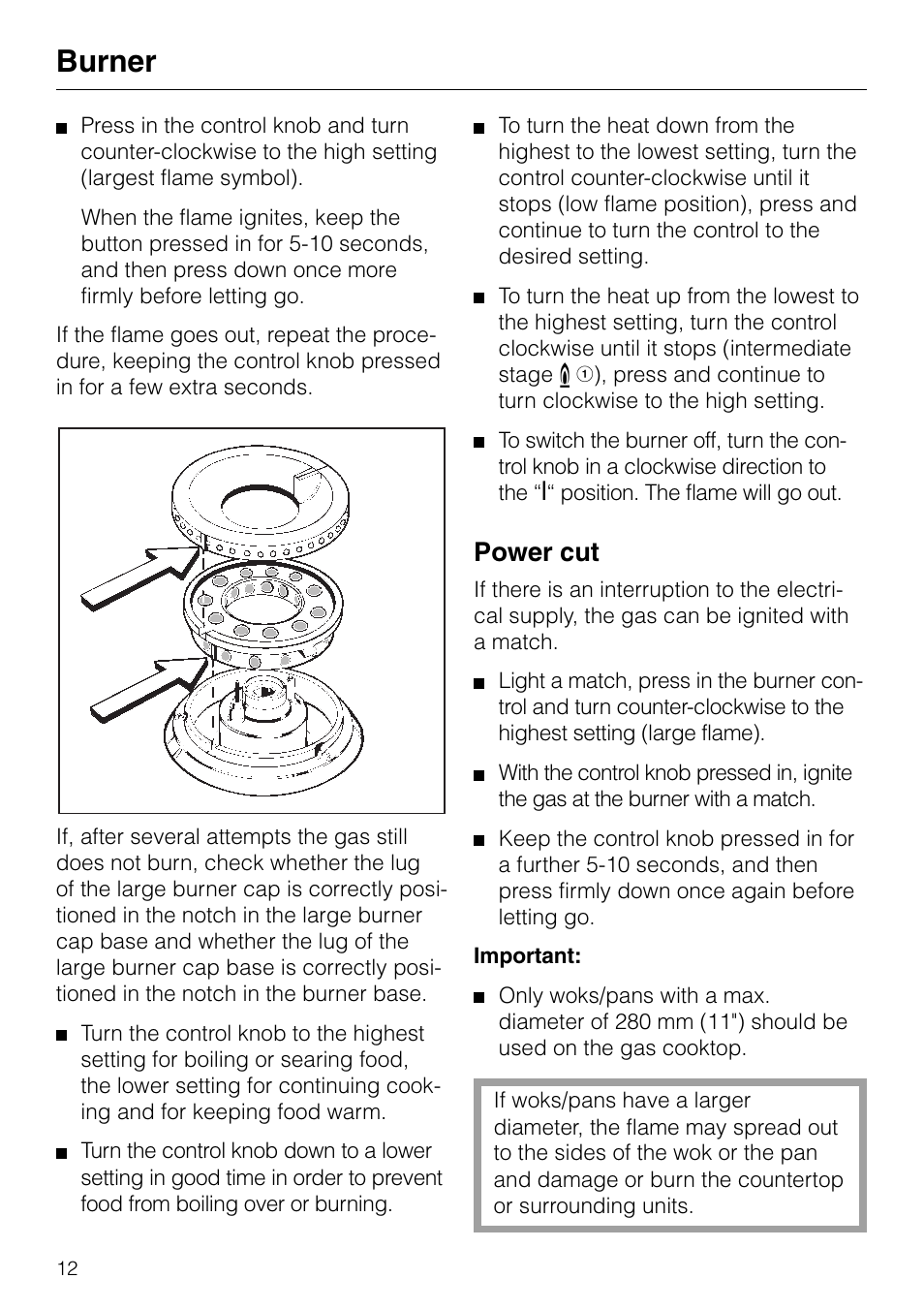 Burner, Power cut | Miele GAS KM 81-2 User Manual | Page 12 / 44