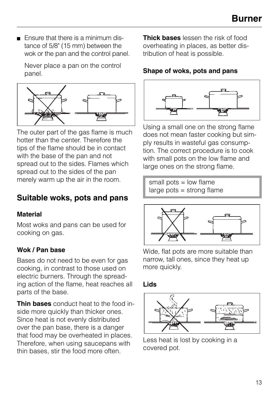 Burner, Suitable woks, pots and pans | Miele GAS KM 81-2 User Manual | Page 13 / 44