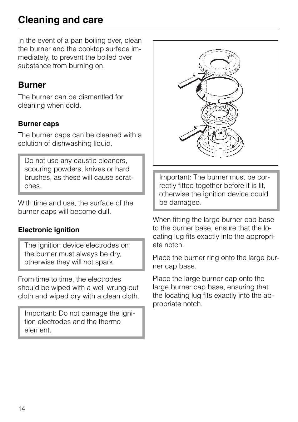 Cleaning and care, Burner | Miele GAS KM 81-2 User Manual | Page 14 / 44