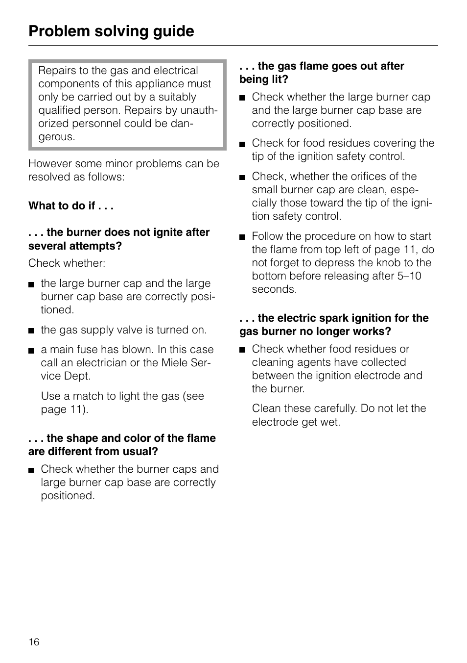 Problem solving guide | Miele GAS KM 81-2 User Manual | Page 16 / 44