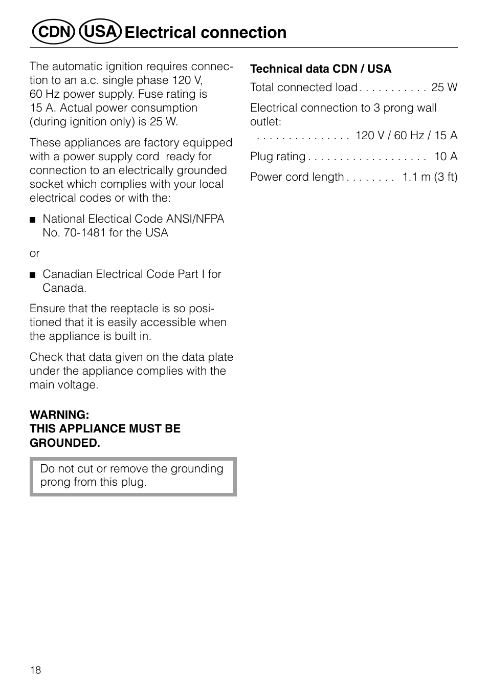 Electrical connection | Miele GAS KM 81-2 User Manual | Page 18 / 44
