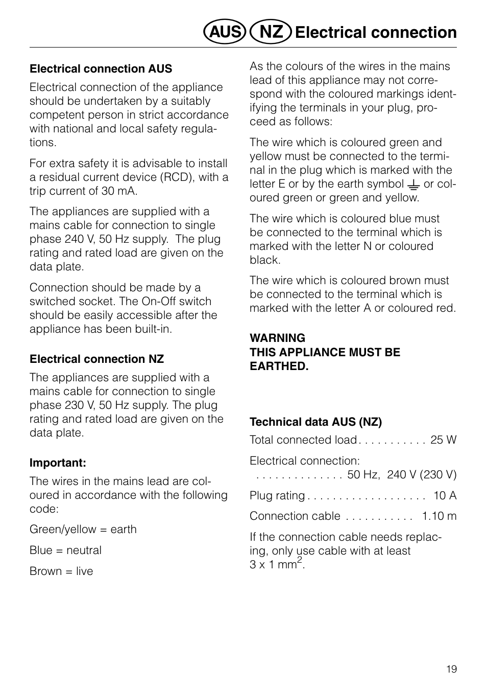 Electrical connection | Miele GAS KM 81-2 User Manual | Page 19 / 44