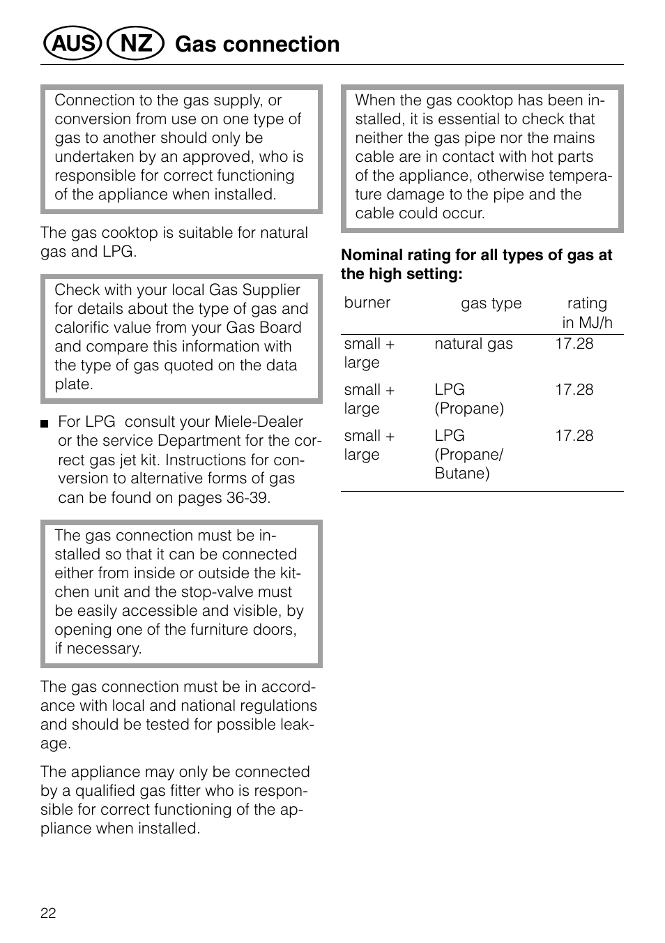 Gas connection | Miele GAS KM 81-2 User Manual | Page 22 / 44